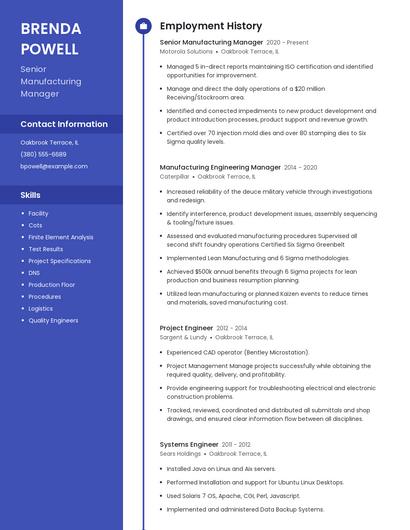 Senior Manufacturing Manager Resume