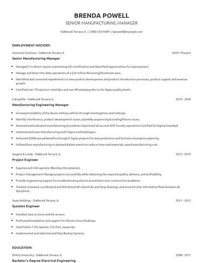 Senior Manufacturing Manager Resume