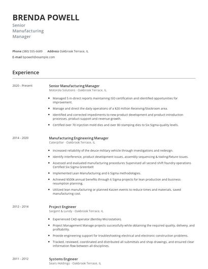 Senior Manufacturing Manager Resume