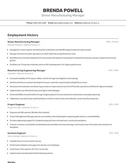 Senior Manufacturing Manager Resume