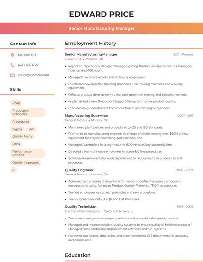 Senior Manufacturing Manager Resume