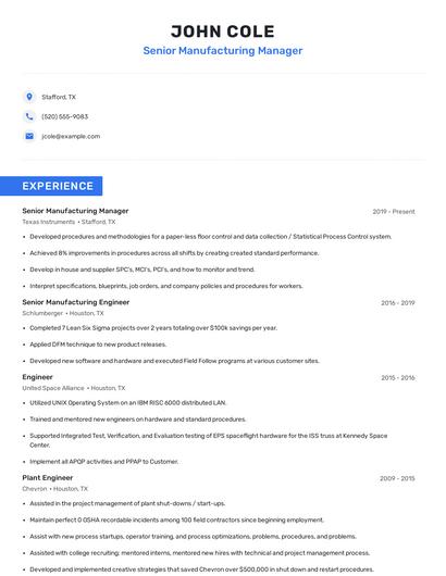 Senior Manufacturing Manager Resume