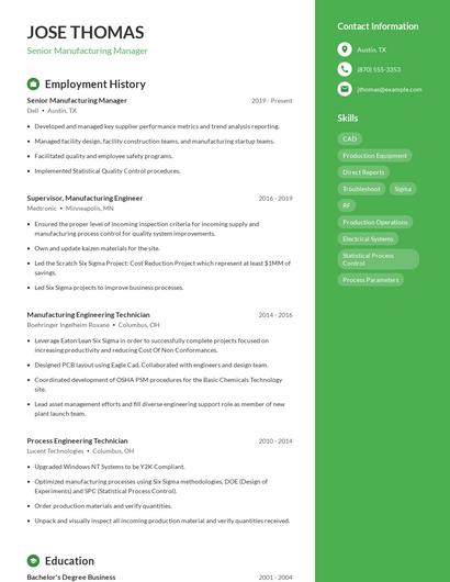 Senior Manufacturing Manager Resume