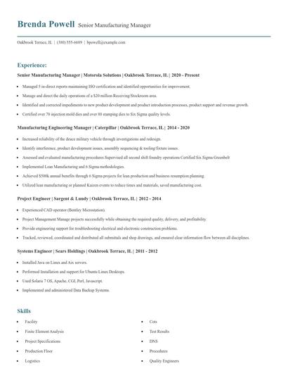 Senior Manufacturing Manager Resume