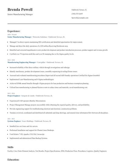 Senior Manufacturing Manager Resume