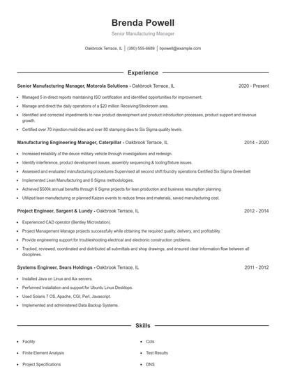 Senior Manufacturing Manager Resume