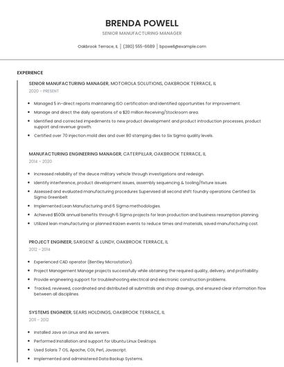 Senior Manufacturing Manager Resume