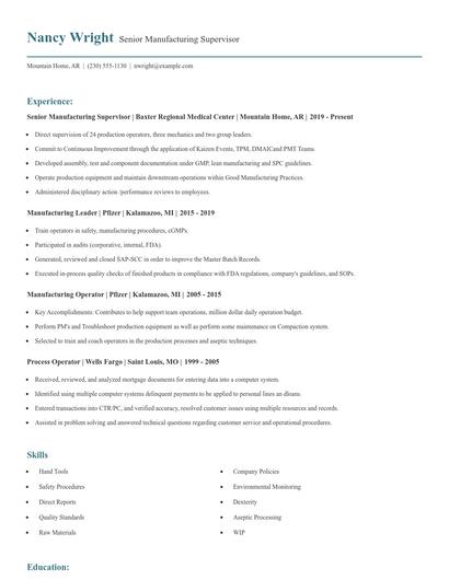 Senior Manufacturing Supervisor Resume