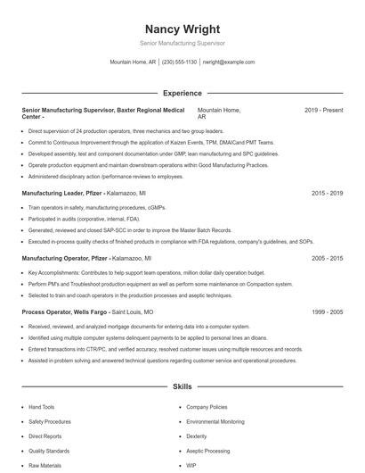 Senior Manufacturing Supervisor Resume