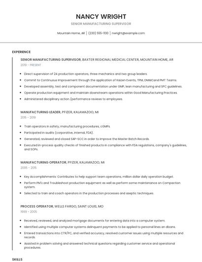 Senior Manufacturing Supervisor Resume