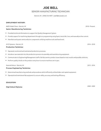 Senior Manufacturing Technician Resume