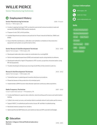 Senior Manufacturing Technician Resume