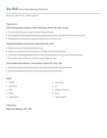 Senior Manufacturing Technician Resume