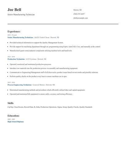 Senior Manufacturing Technician Resume