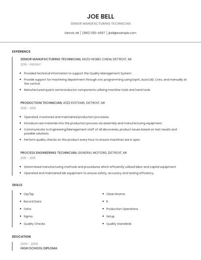 Senior Manufacturing Technician Resume