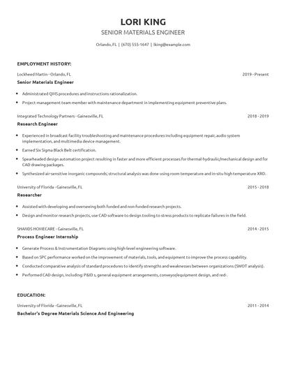 Senior Materials Engineer Resume