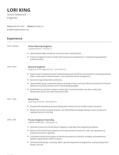 Senior Materials Engineer Resume