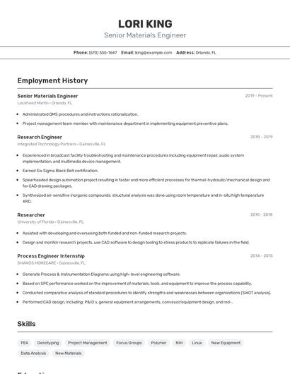 Senior Materials Engineer Resume