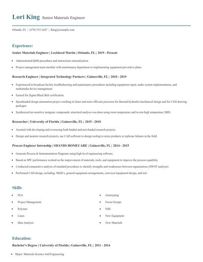 Senior Materials Engineer Resume