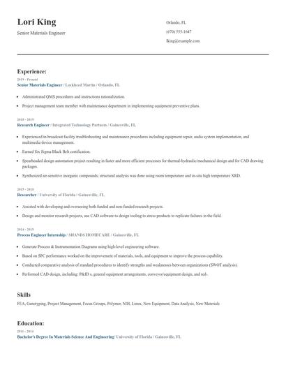 Senior Materials Engineer Resume