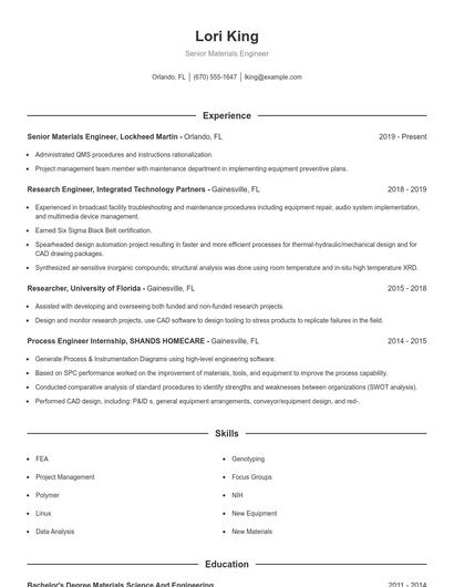 Senior Materials Engineer Resume