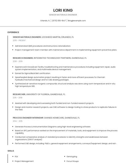 Senior Materials Engineer Resume