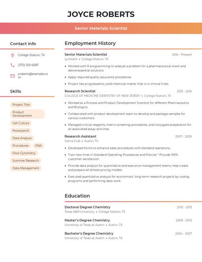 Senior Materials Scientist Resume
