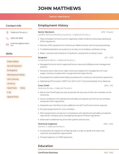 Senior Mechanic Resume
