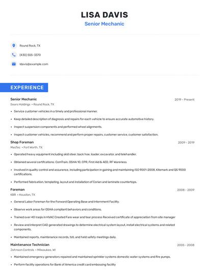 Senior Mechanic Resume
