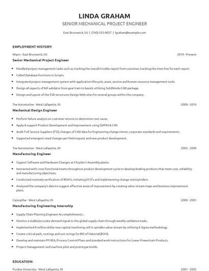 Senior Mechanical Project Engineer Resume