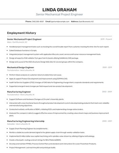 Senior Mechanical Project Engineer Resume
