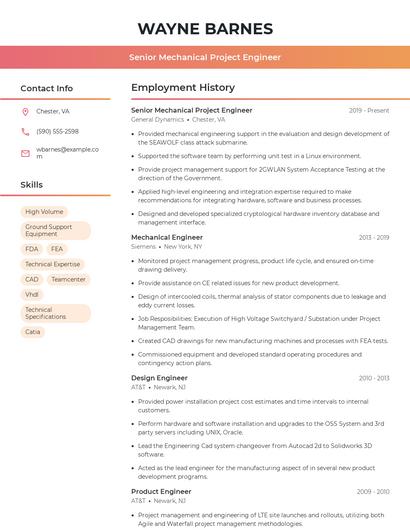 Senior Mechanical Project Engineer Resume