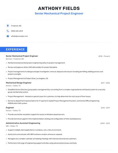 Senior Mechanical Project Engineer Resume