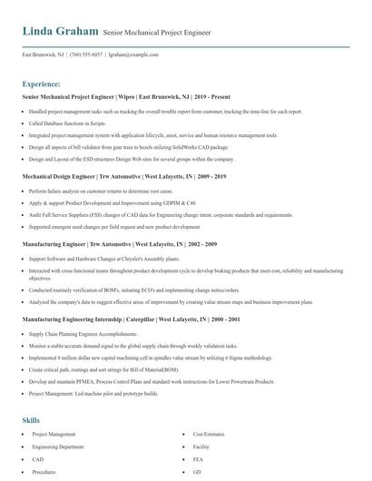 Senior Mechanical Project Engineer Resume