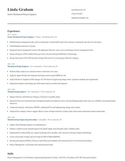Senior Mechanical Project Engineer Resume