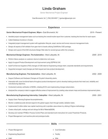 Senior Mechanical Project Engineer Resume