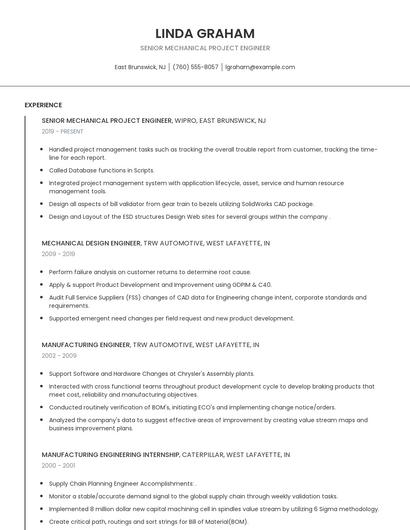Senior Mechanical Project Engineer Resume