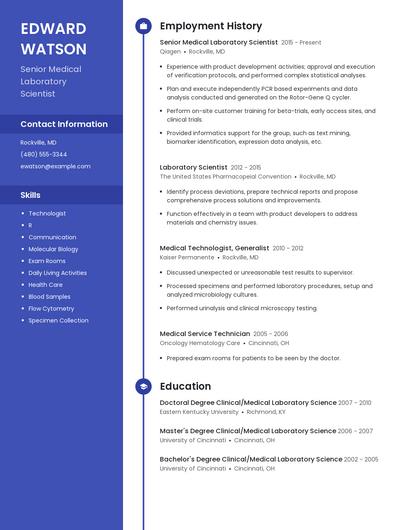 Senior Medical Laboratory Scientist Resume