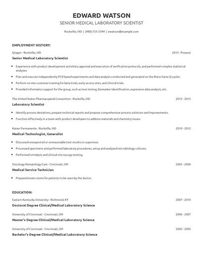 Senior Medical Laboratory Scientist Resume