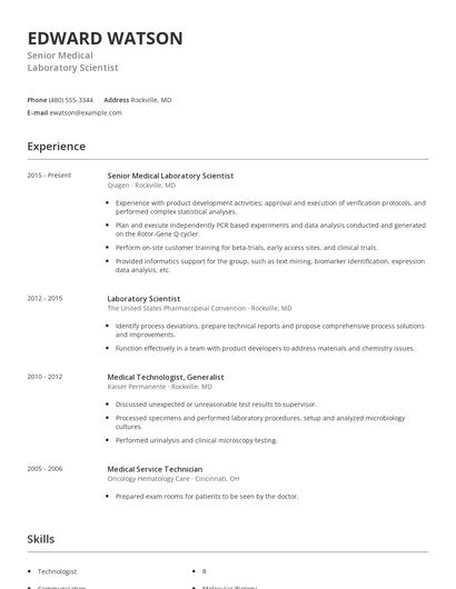Senior Medical Laboratory Scientist Resume