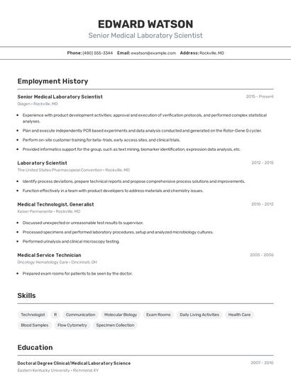 Senior Medical Laboratory Scientist Resume