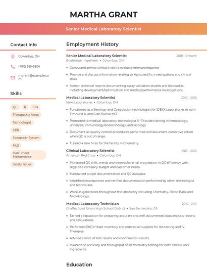 Senior Medical Laboratory Scientist Resume