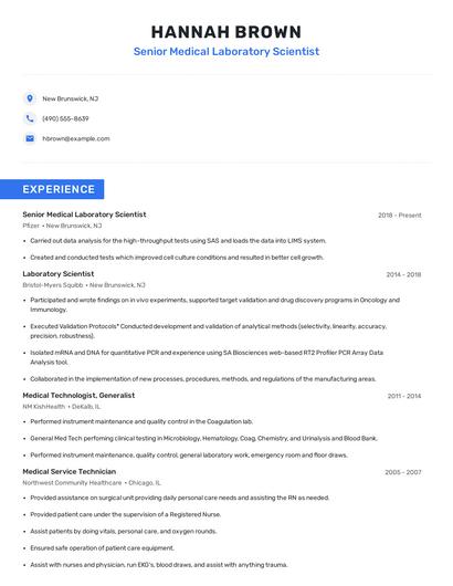Senior Medical Laboratory Scientist Resume