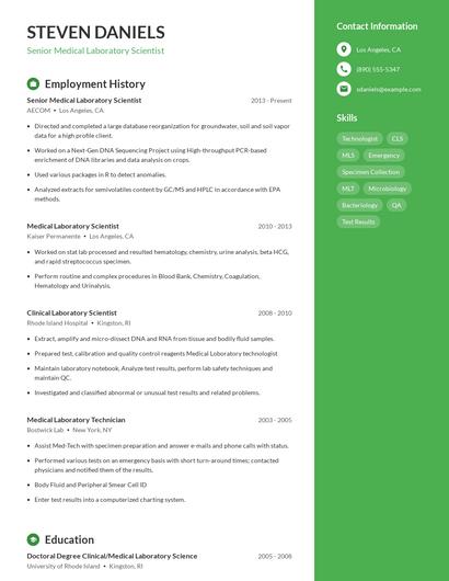 Senior Medical Laboratory Scientist Resume