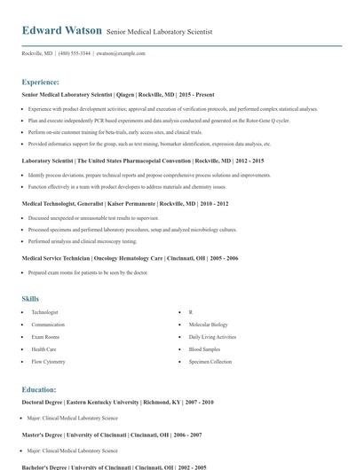 Senior Medical Laboratory Scientist Resume