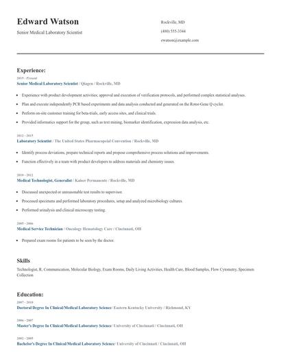 Senior Medical Laboratory Scientist Resume