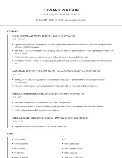 Senior Medical Laboratory Scientist Resume