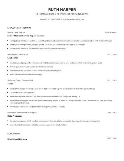 Senior Member Service Representative Resume
