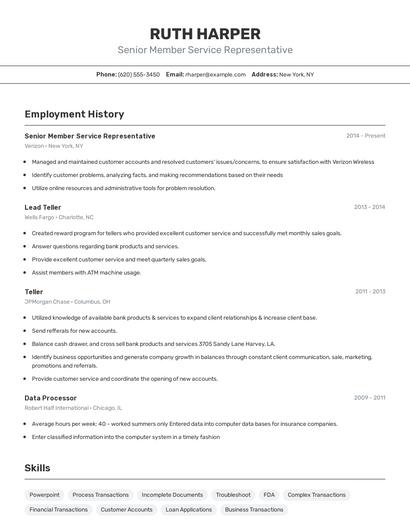 Senior Member Service Representative Resume