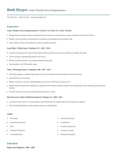 Senior Member Service Representative Resume